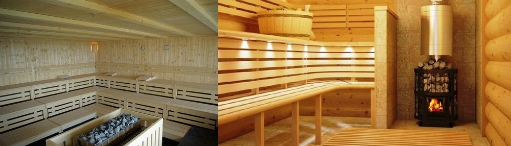 Finnish sauna heater on the left vs. Russian banya heater on the right